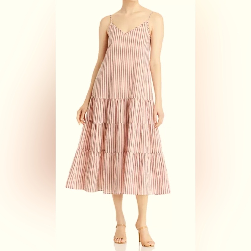 Hugo Boss Pink and White Striped Tiered Midi Dress